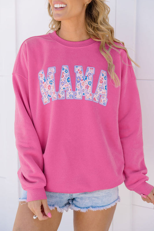 Rose Red Floral MAMA Embroidered Graphic Pullover