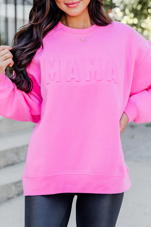 Bright Pink MAMA Letter Embossed Sweatshirt